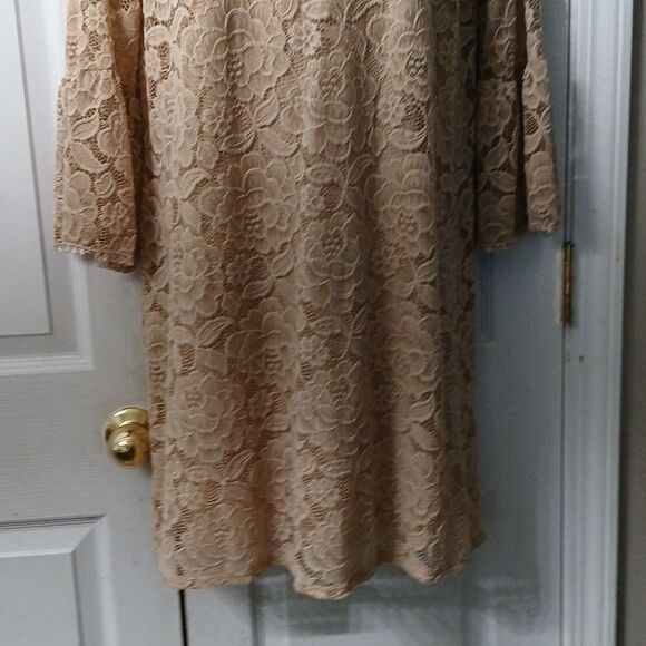 Brittany Black nude lace bell sleeve dress Sz L EUC - Picture 2 of 6
